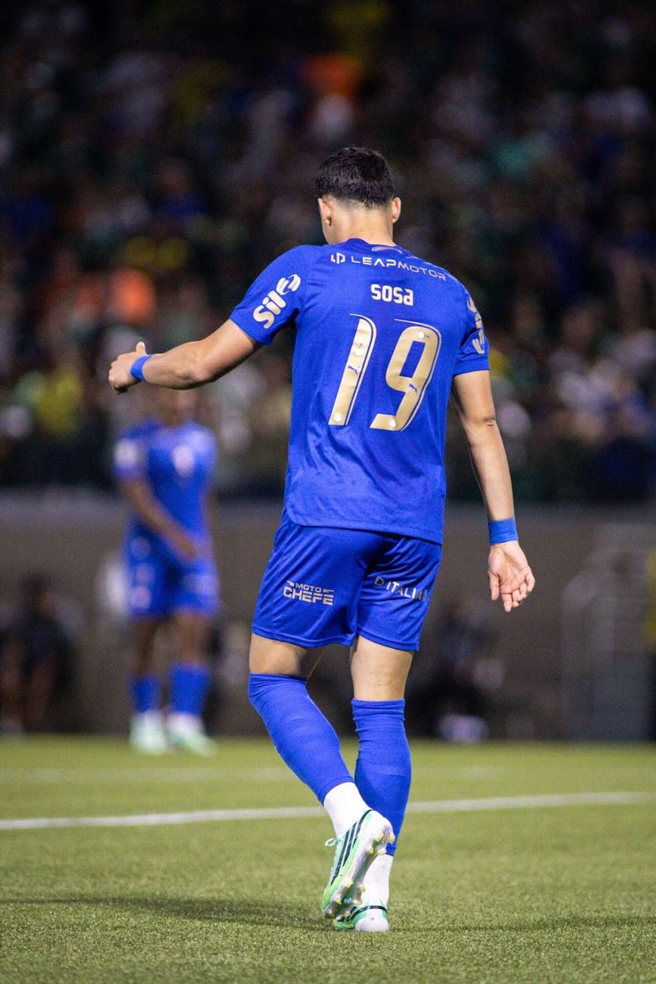 Sosa, nº 19, do Palmeiras, em uniforme azul, visto de costas em campo.