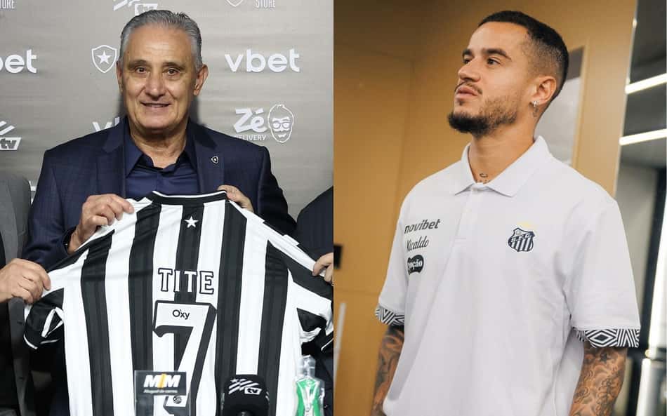 Colagem de fotos de Tite, à esquerda, e Philippe Coutinho, à direita, sendo apresentados por Botafogo e Santos, respectivamente