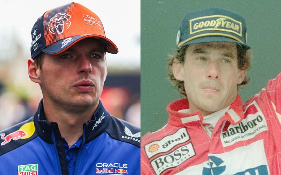 Colagem de fotos de Max Verstappen, à esquerda, e Ayrton Senna, à direita