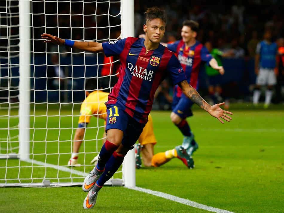 Neymar comemorando seu gol pelo Barcelona na final da Liga dos Campeões de 2014-15