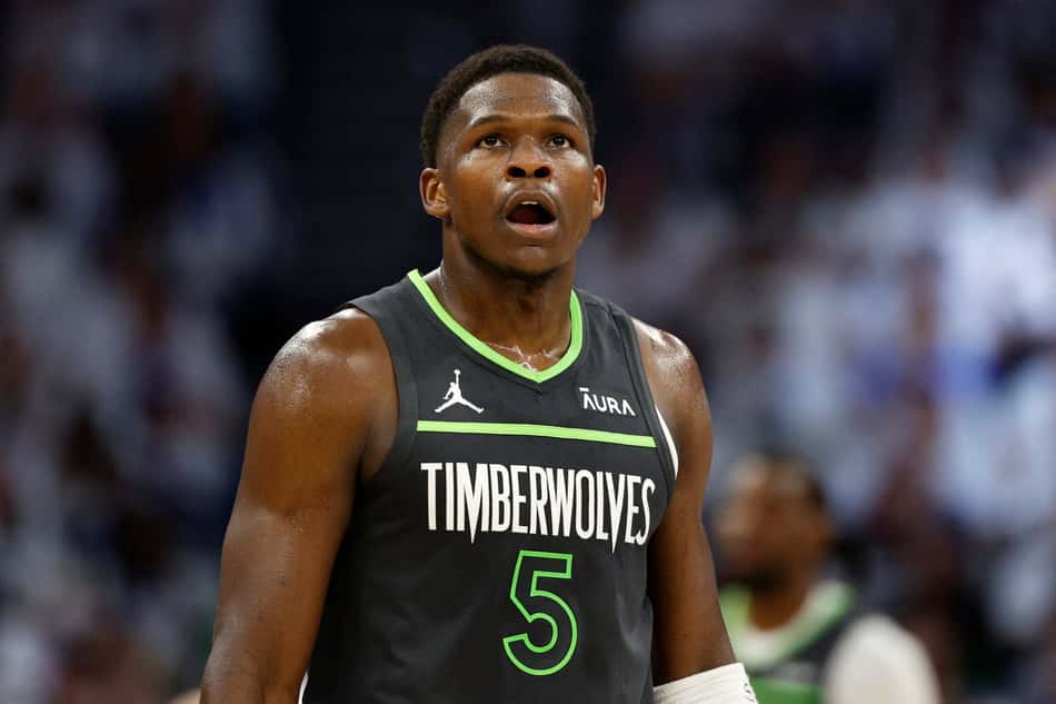 MINNEAPOLIS, MINNESOTA - MAY 30: Anthony Edwards #5 of the Minnesota Timberwolves looks on during the first quarter against the Dallas Mavericks in Game Five of the Western Conference Finals at Target Center on May 30, 2024 in Minneapolis, Minnesota. NOTE TO USER: User expressly acknowledges and agrees that, by downloading and or using this photograph, User is consenting to the terms and conditions of the Getty Images License Agreement. David Berding/Getty Images/AFP (Photo by David Berding / GETTY IMAGES NORTH AMERICA / Getty Images via AFP)