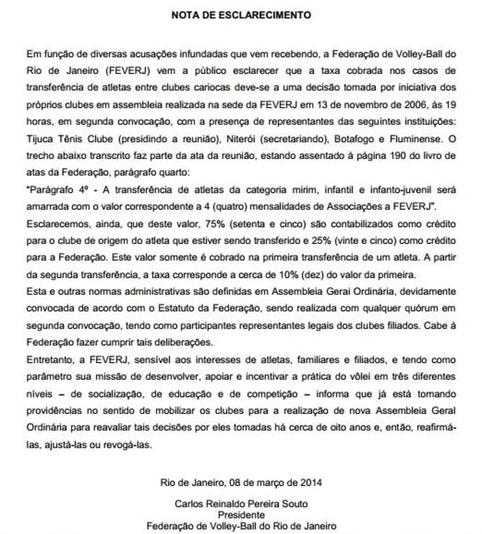 FEVERJ divulgou nota oficial para explicar cobrança de taxa (Foto: Reprodução)