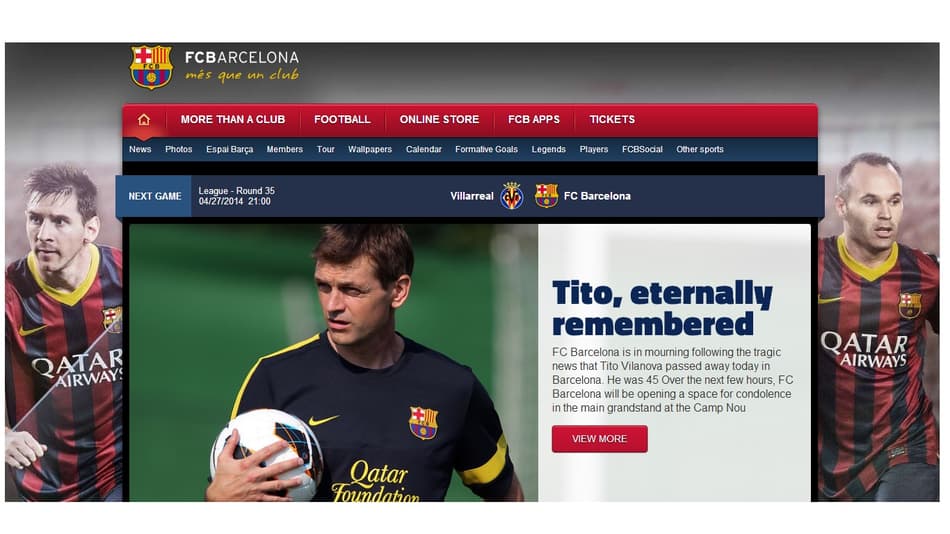 No site do Barcelona, o registro em homenagem a Tito Vilanova