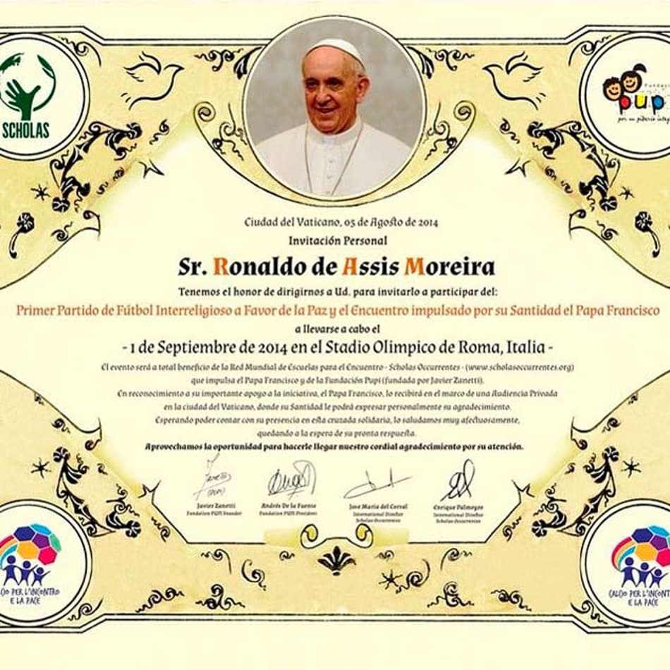 Convite enviado pelo Papa Francisco à Ronaldinho Gaúcho (Foto: Reprodução / Instagram)