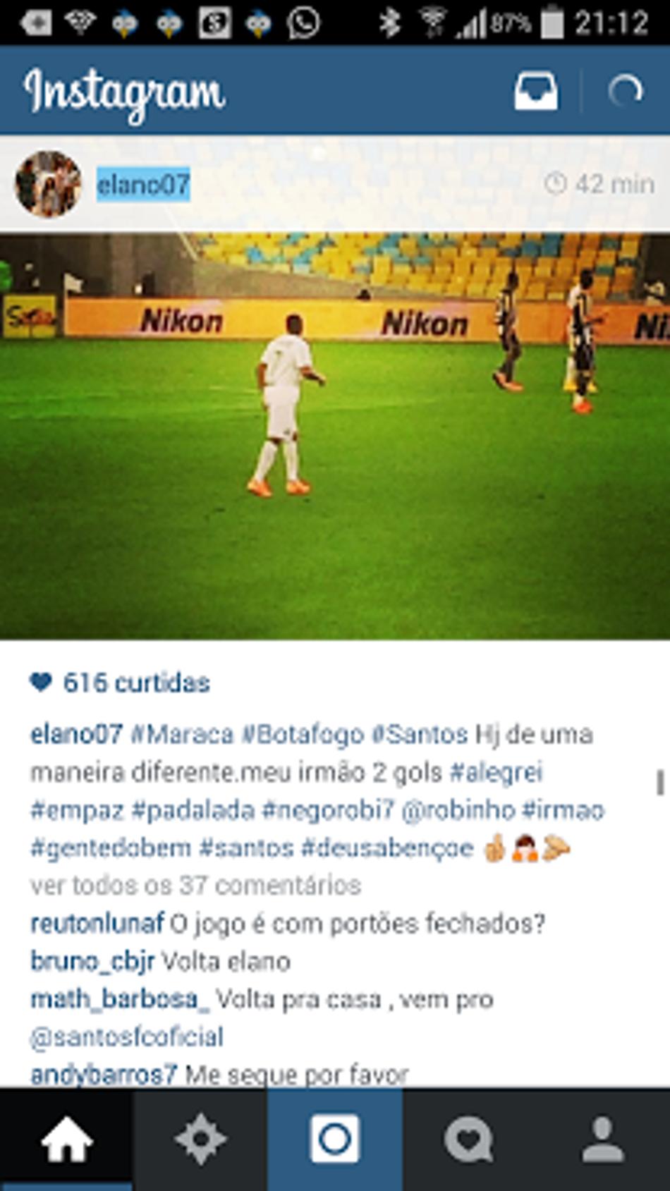 Elano usou seu perfil no Instagram para revelar que foi ao Maracanã para ver Robinho (reprodução/Internet)