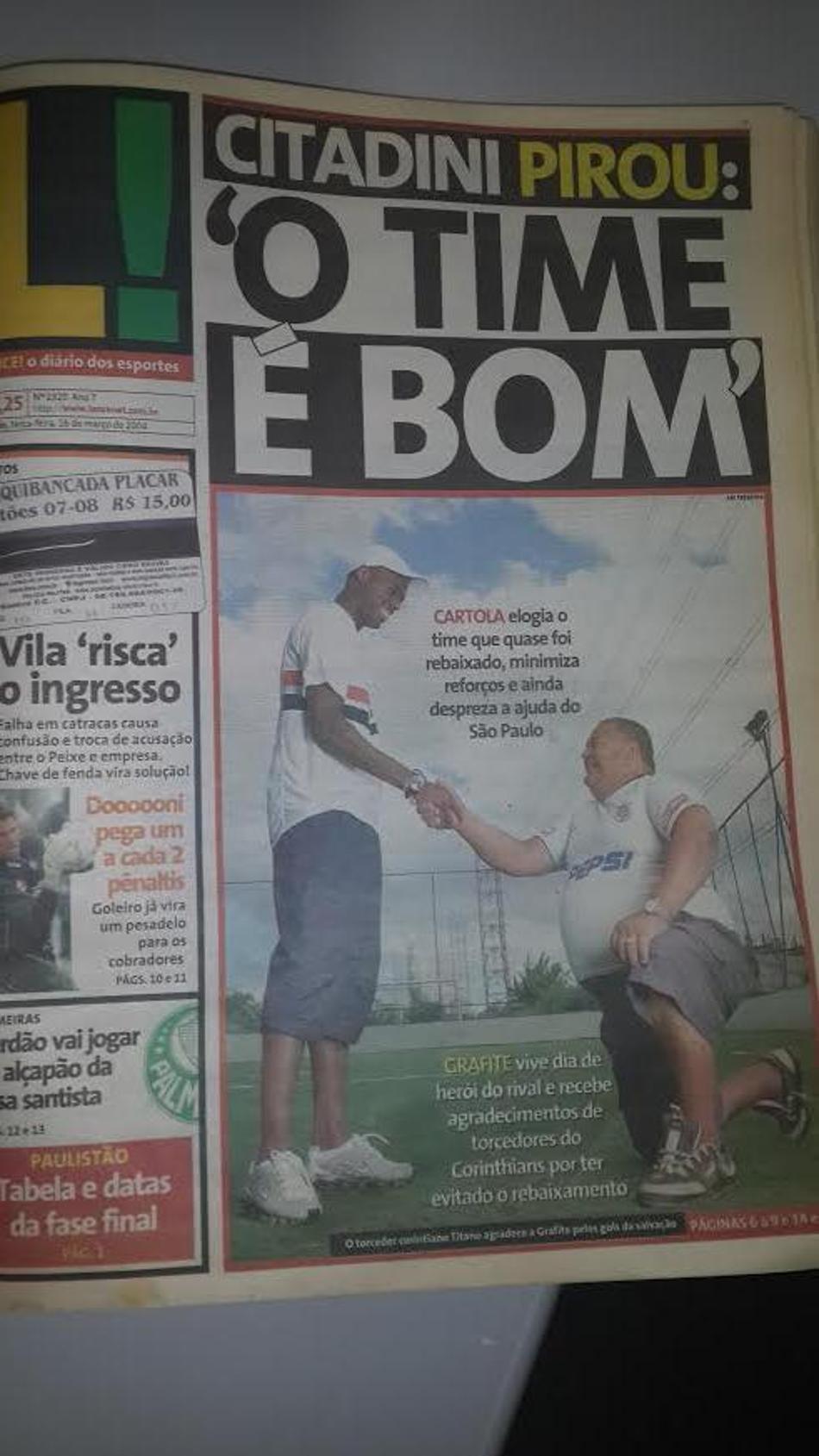 Capa do LANCE!-SP um dia depois de marcar os dois gols que salvaram o Corinthians da queda no Paulistão-2004 (reprodução/arquivo)