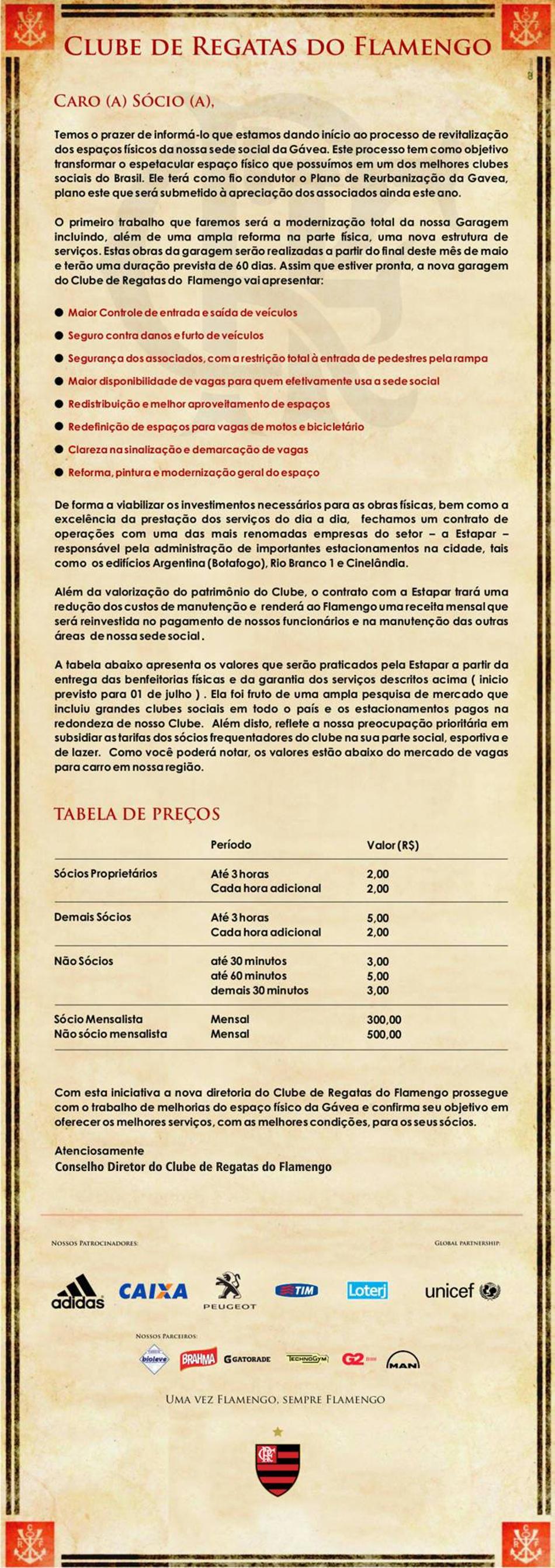 Comunicado do Flamengo aos sócios sobre o estacionamento da sede da Gávea (Foto: Reprodução)