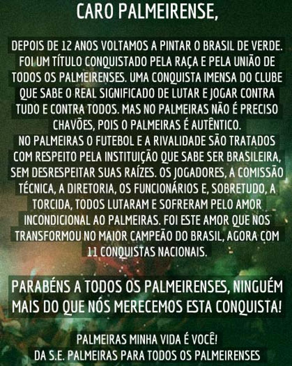 Carta Palmeiras (Foto: Reprodução)
