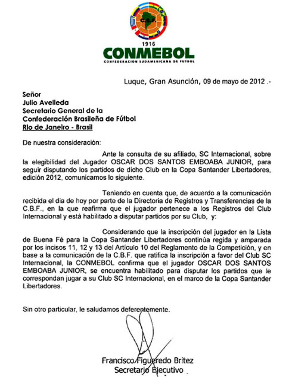 Caso Oscar - Ofício da Conmebol divulgado pelo Internacional (Reprodução)