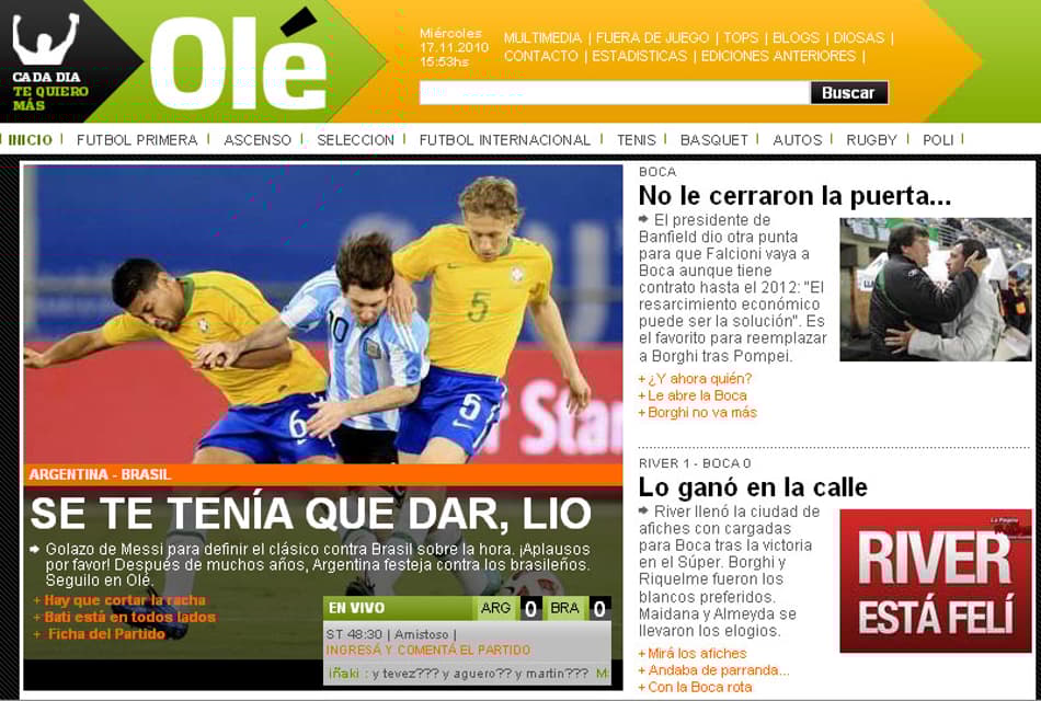 Capa do site do Olé logo após o jogo (Reprodução)