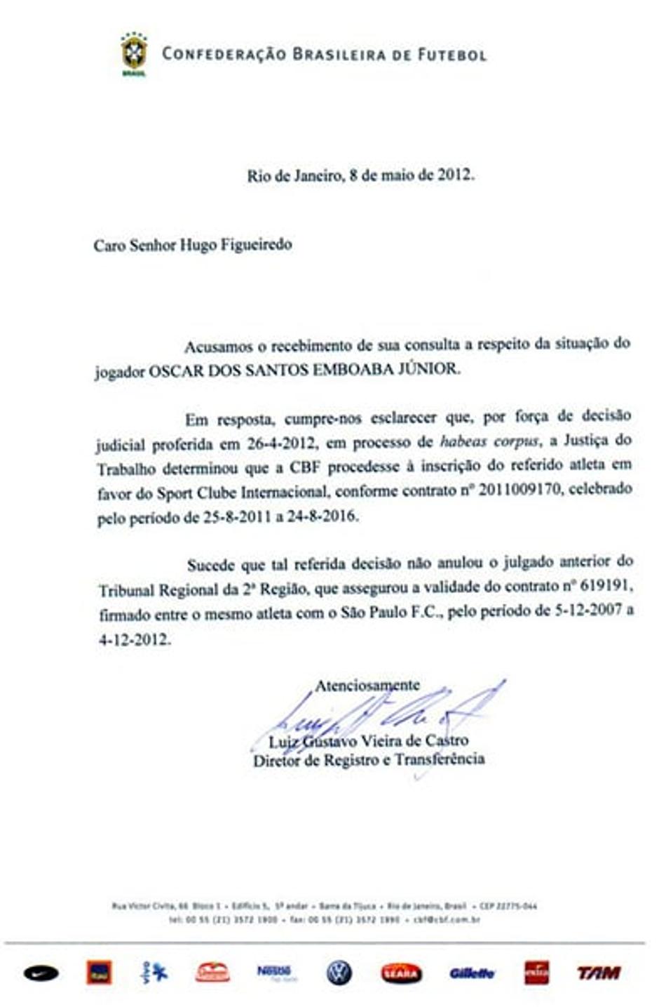 Carta da CBF sobre caso Oscar (Foto: Reprodução)