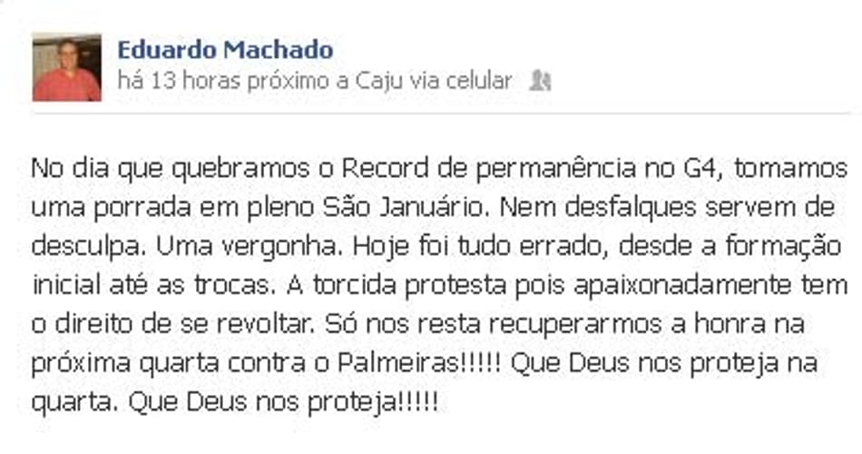 Mensagem postada por Eduardo Machado, do Vasco (Foto: Reprodução)