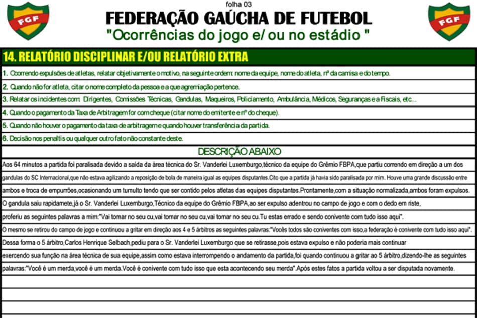 Súmula do jogo entre Inter e Grêmio (Foto: Reprodução/FGF)