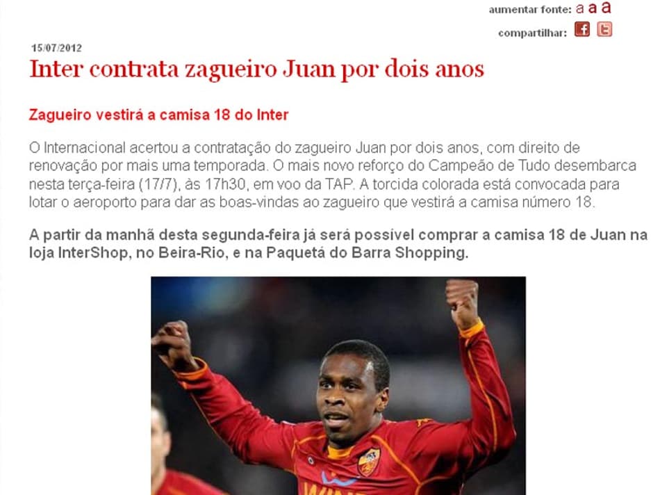 Inter confirma contratação de Juan (Foto: Reprodução Site Oficial do Inter)