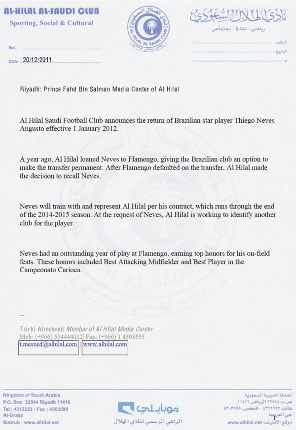 Documento reitera fim de Thiago Neves no Flamengo