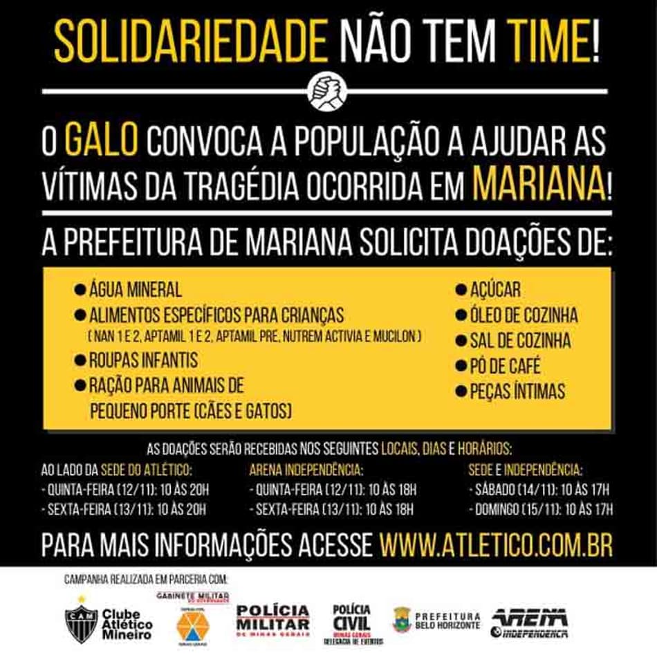 Atlético-MG arrecada doações para vítimas da tragédia de Mariana