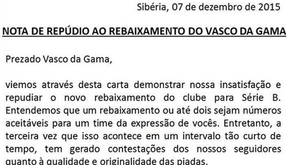 Sites de humor escrevem carta repudiando terceiro rebaixamento do Vasco