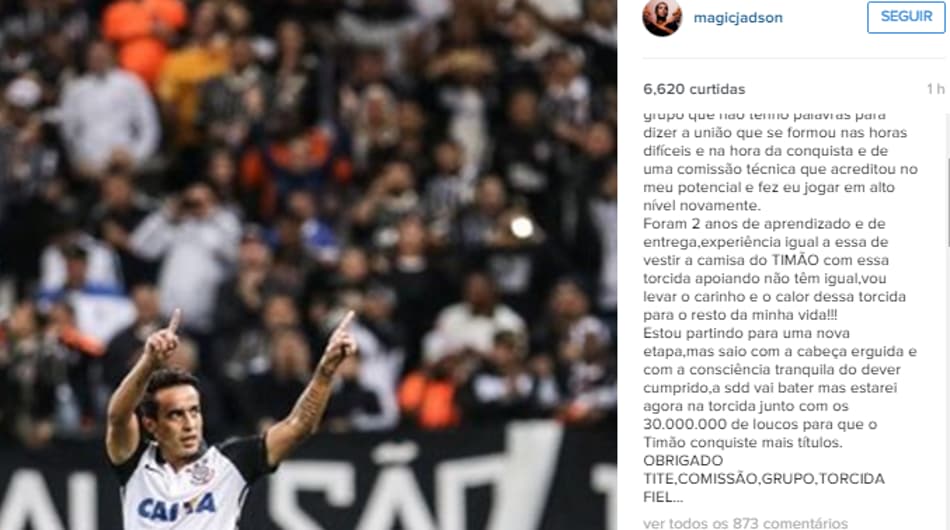 Jadson se despede do Corinthians por rede social: 'Estarei agora na torcida'