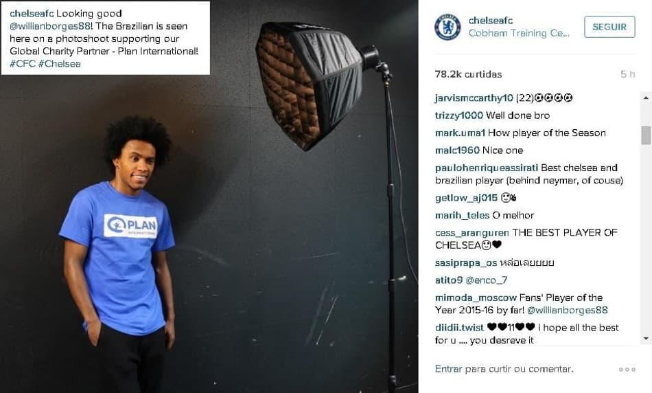 Willian é escolhido para promover ação solidária do Chelsea
