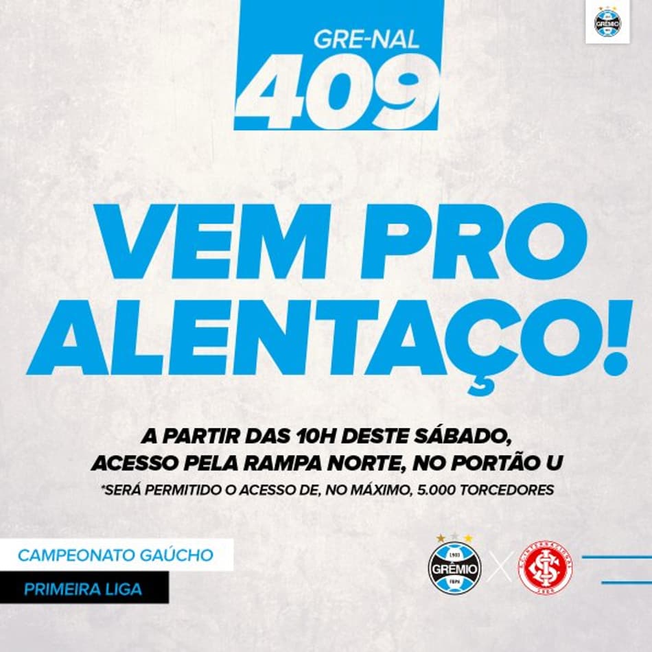 Grêmio convoca torcida para último treino antes de clássico com o Inter