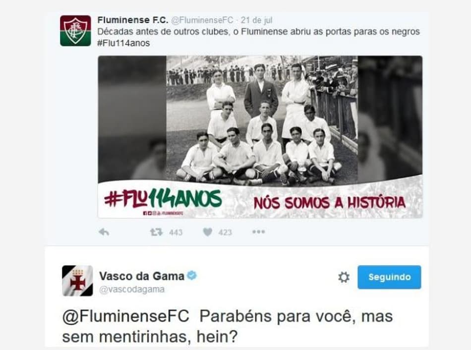 Fluminense faz post comemorando 114 anos e Vasco responde com provocação