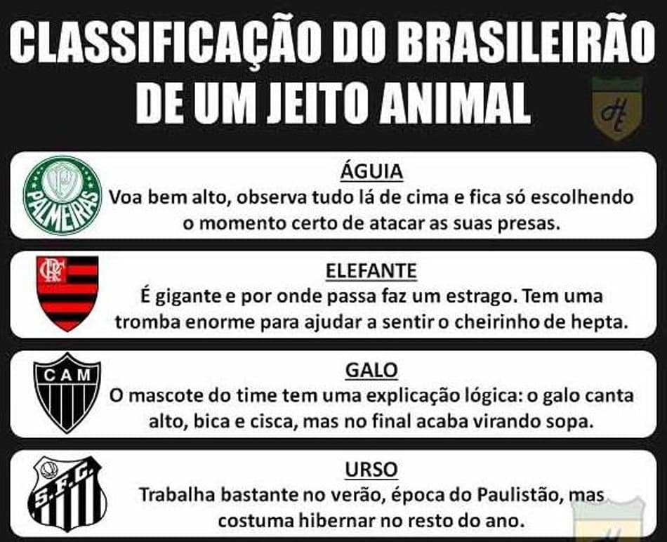 Humor Esportivo! E se a classificação do Brasileirão fosse representada por animais?
