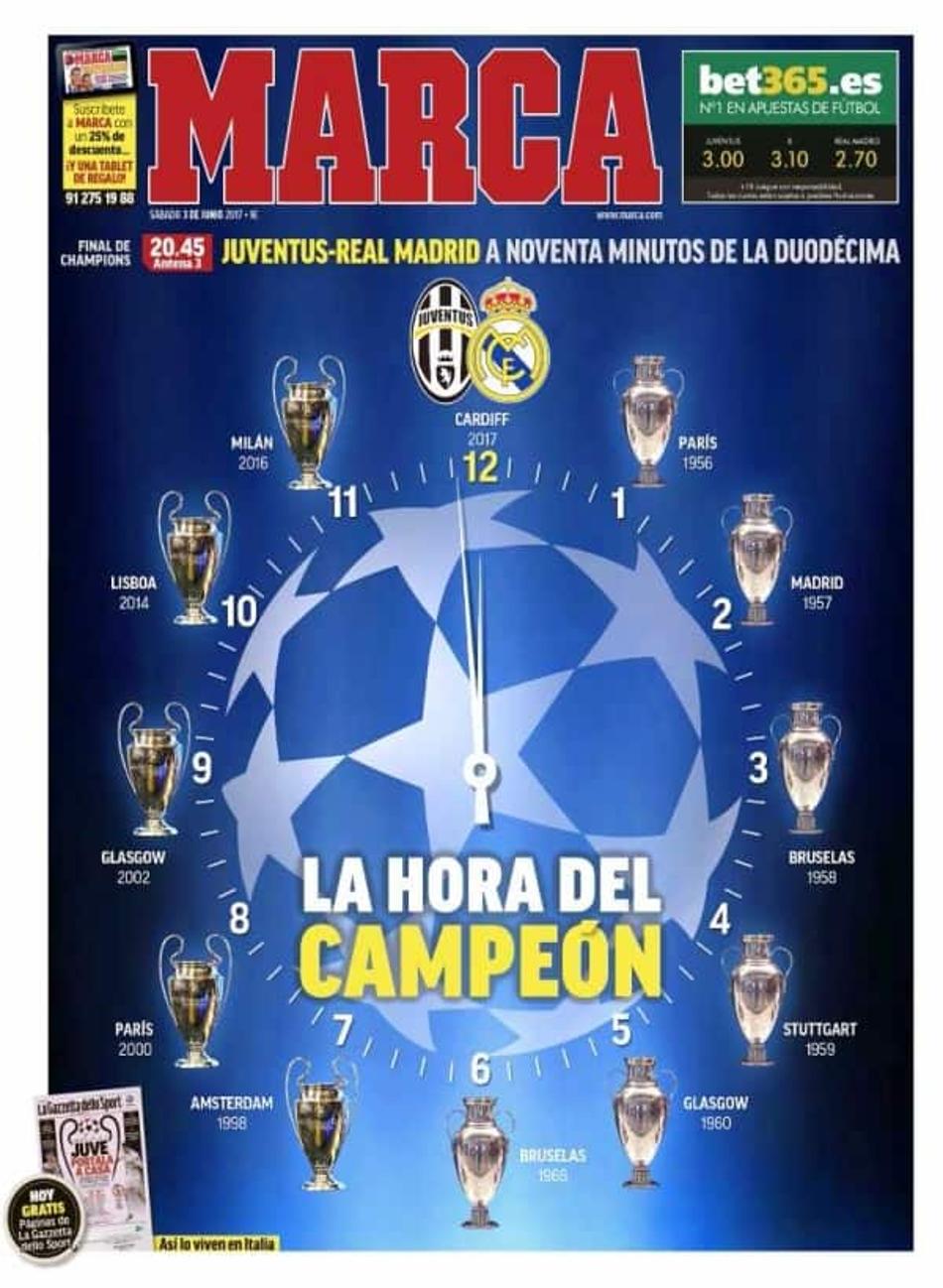 Diário espanhol Marca mostra relógio com o Real tentando fechar o ponteiro com o 12º título da Liga dos Campeões