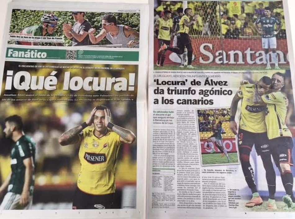 Cadernos de esportes do El Telégrafo e do El Universo destacam a 'loucura' de Jonatan Álvez, autor do gol