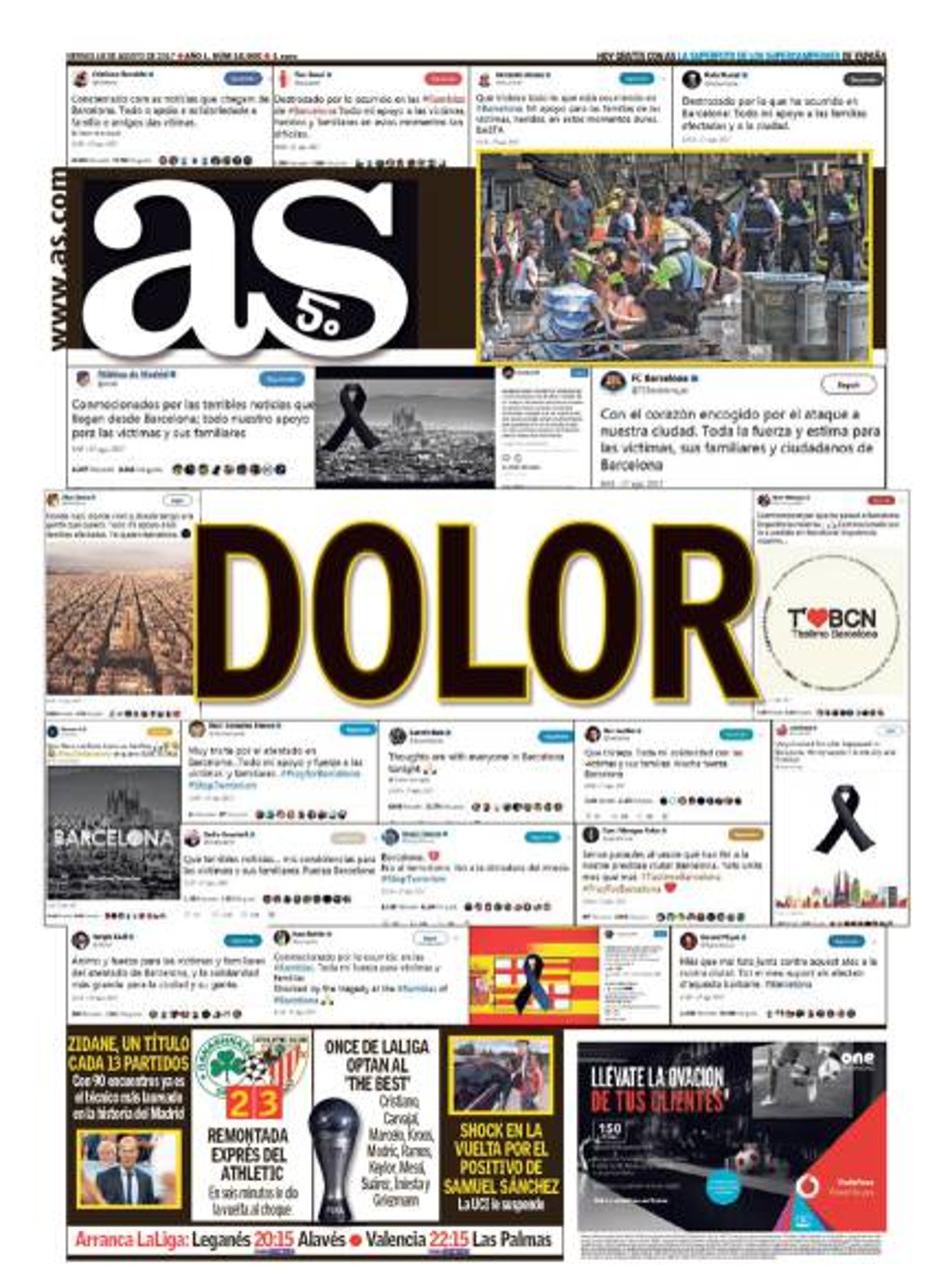 Jornais esportivos espanhóis de luto pelos atentados terroristas na Catalunha