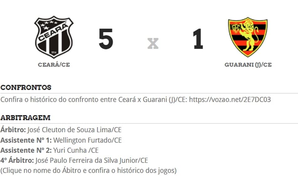 Site oficial do Ceará comete gafe ao informar resultado errado