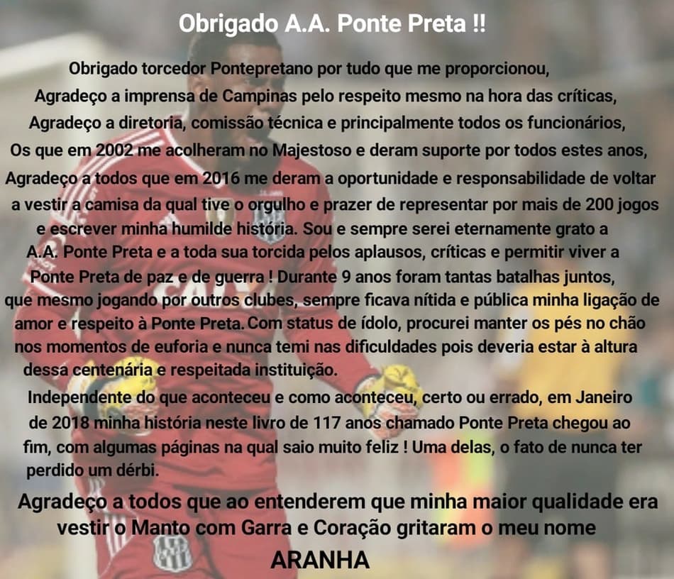 Aranha comenta saída e faz agradecimento aos torcedores da Ponte Preta