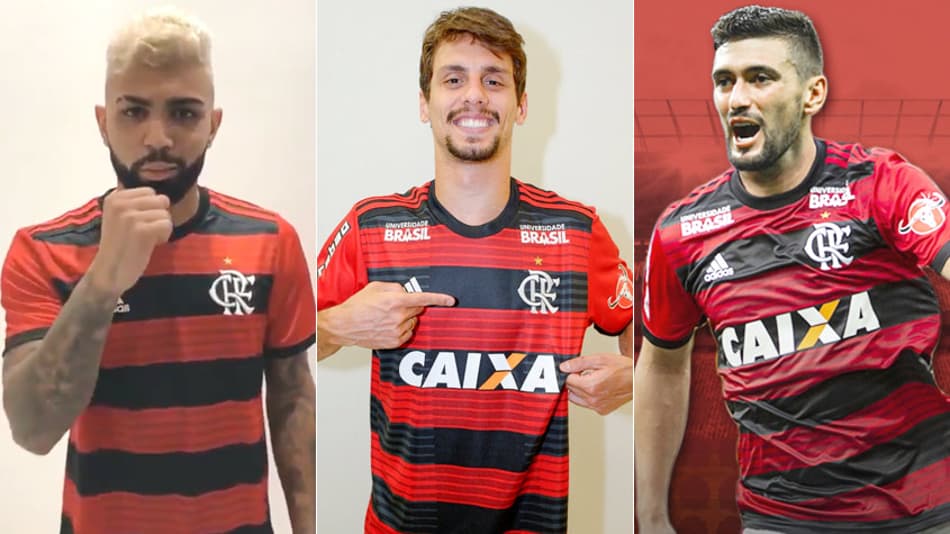 Montagem Lado a lado Com as camisas do Flamengo Rodrigo Caio / Gabigol / Arrascaeta