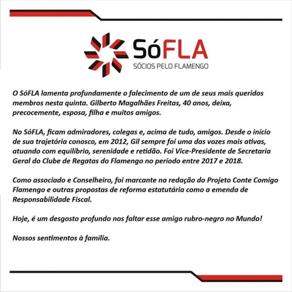 Ex-vice de Secretaria Geral do Fla, Gilberto Freitas morre aos 40 anos