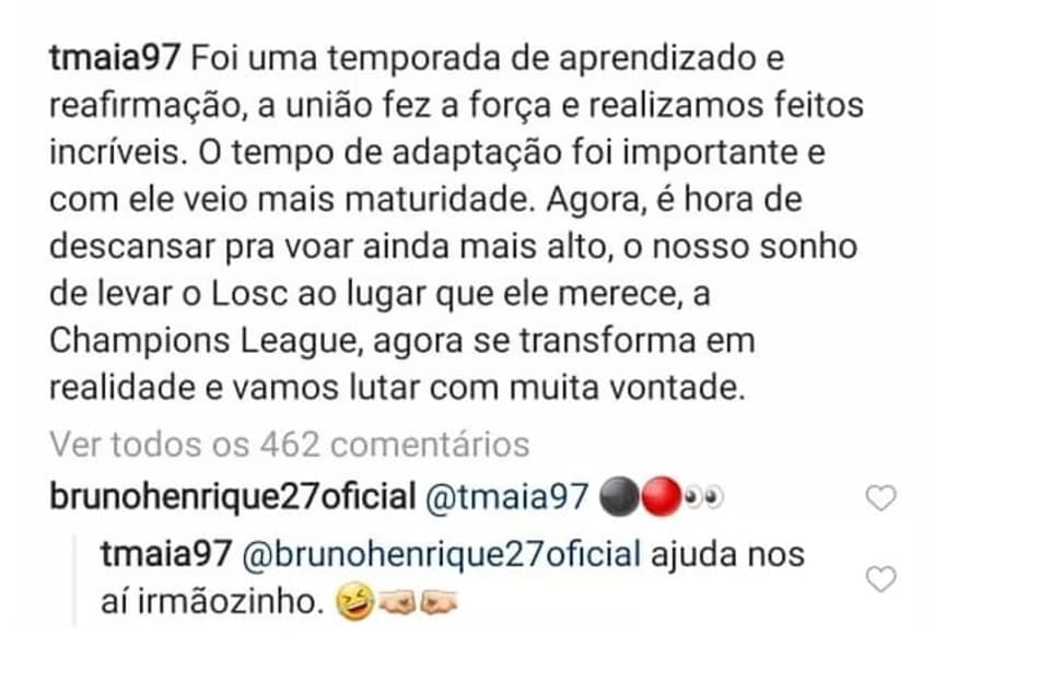 Bruno Henrique comenta em foto de Thiago Maia, que brinca: ‘Ajuda nós’