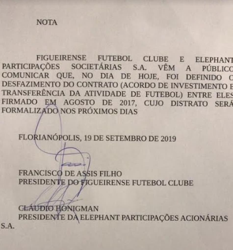 Em nota oficial, Figueirense rompe acordo com empresa que administrava o futebol