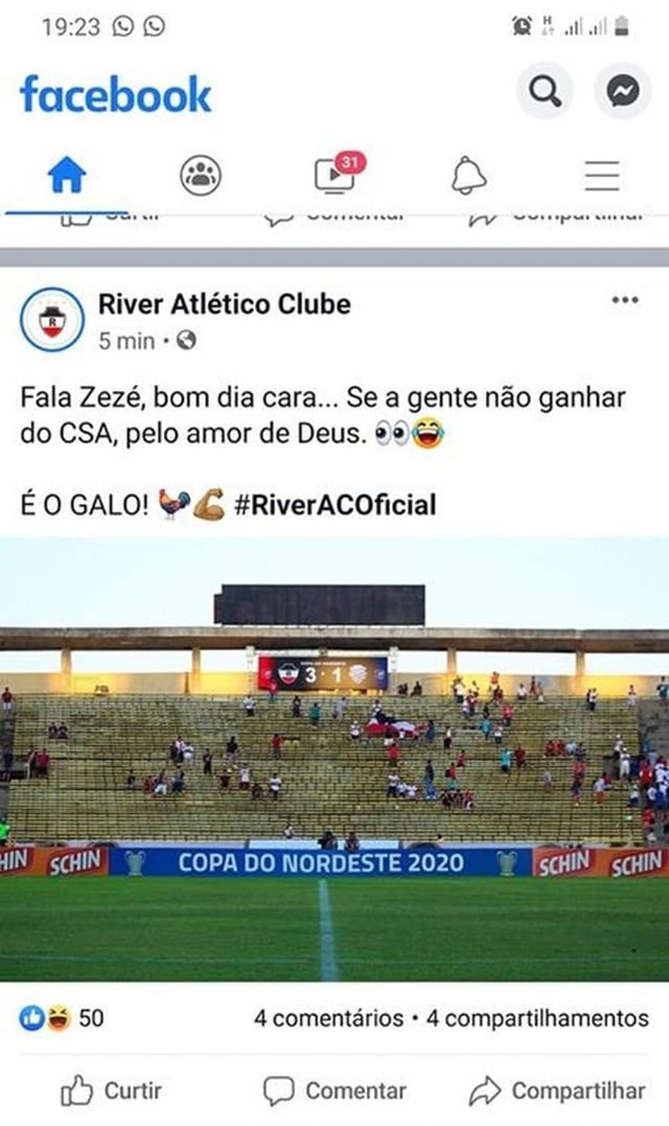 Postagem do River-PI no Facebook