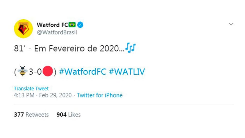 Perfil do Watford no Brasil provoca Liverpool com música do Flamengo: 'Em fevereiro de 2020…'