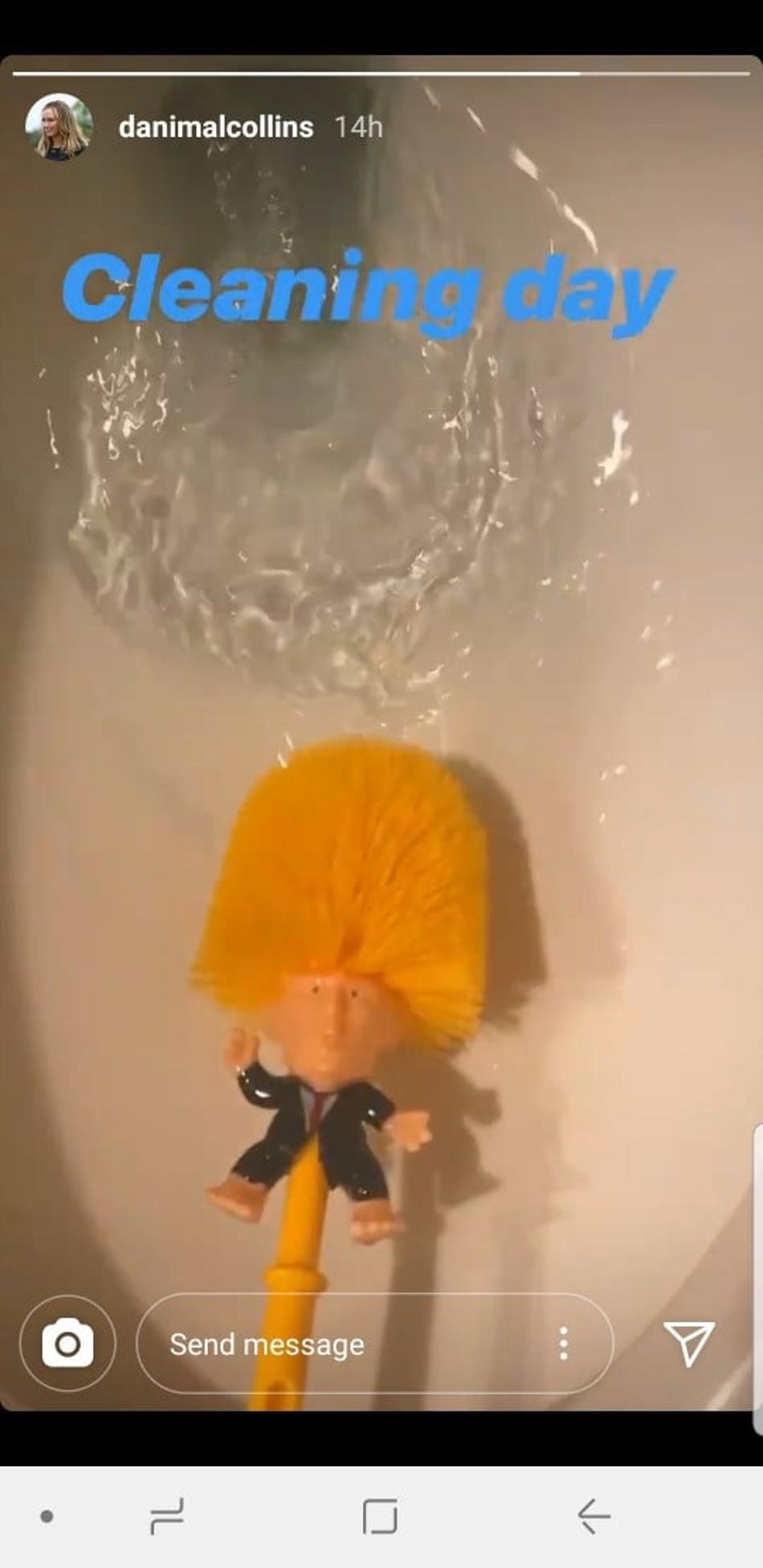 Collins provoca eleitores de Trump enquanto faz faxina em casa