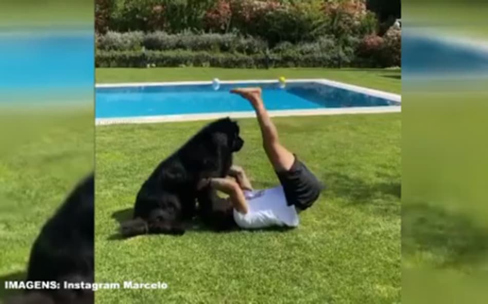 Marcelo conta com a ajuda de seu cachorro para fazer flexão de perna