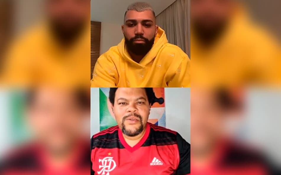 Gabigol e Babu se conhecem por live e atacante presenteia ator com camisa do Flamengo