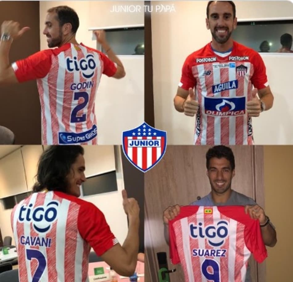 Godín, Cavani e Suárez vestem a camisa do Junior Barranquilla