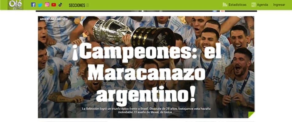 Jornais gringos exaltam título da Argentina na Copa América e citam o “Maracanazo” como provocação
