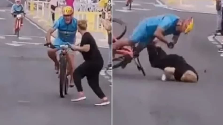 VÍDEO: Mulher atravessa pista nos metros finais da prova e é atropelada por ciclista que liderava a corrida