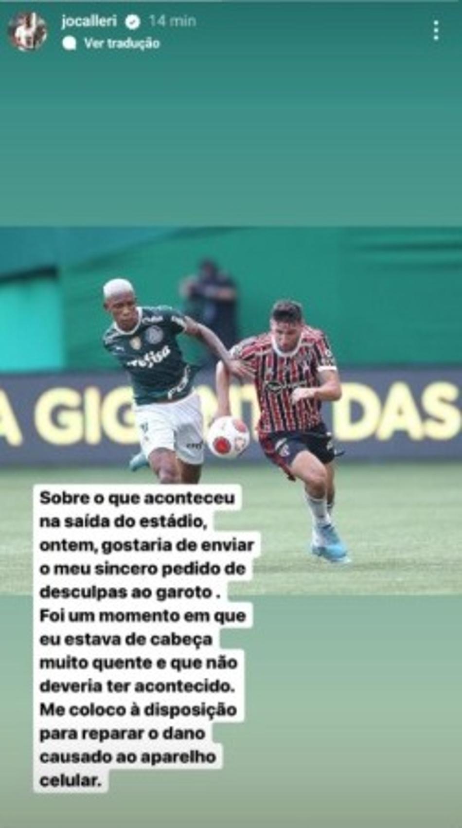 Calleri se desculpa por tapa em celular de jovem da base do Palmeiras