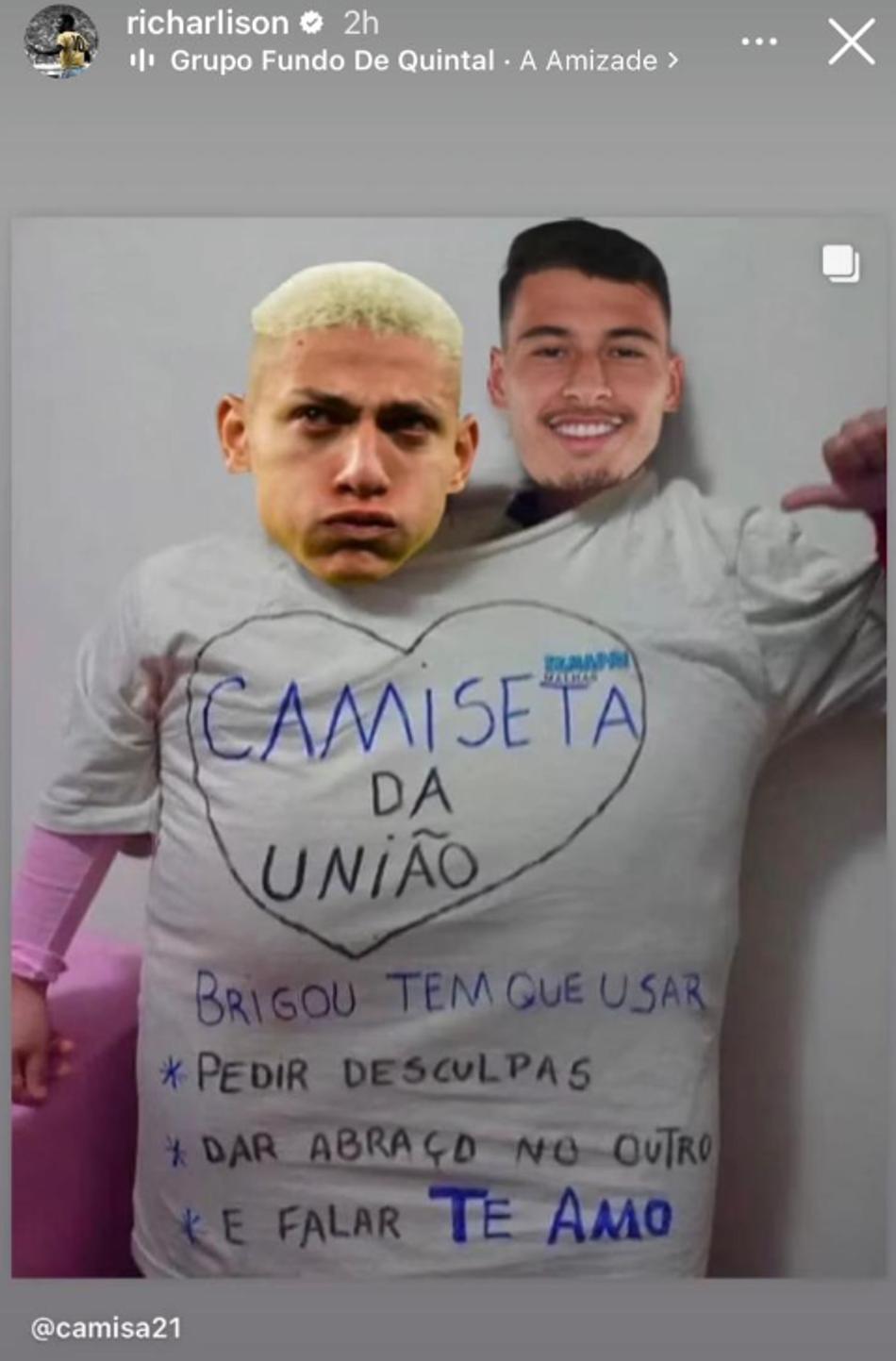 Camiseta da união! Richarlison posta foto de meme após briga com Martinelli e viraliza