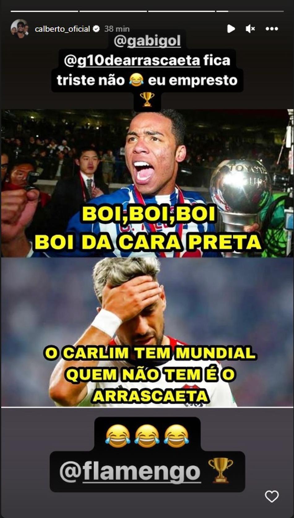 Carlos Alberto posta meme para provocar Arrascaeta e Flamengo após derrota no Mundial