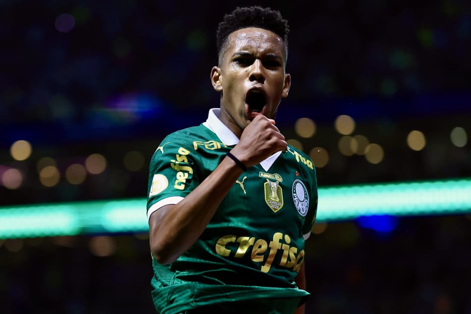 Estêvão, do Palmeiras, comemora seu gol contra o Grêmio no Allianz Parque, pelo Brasileiro 2024