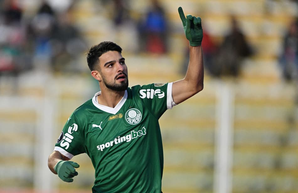 Flaco López comemora seu gol no jogo do Palmeiras contra o Bolívar