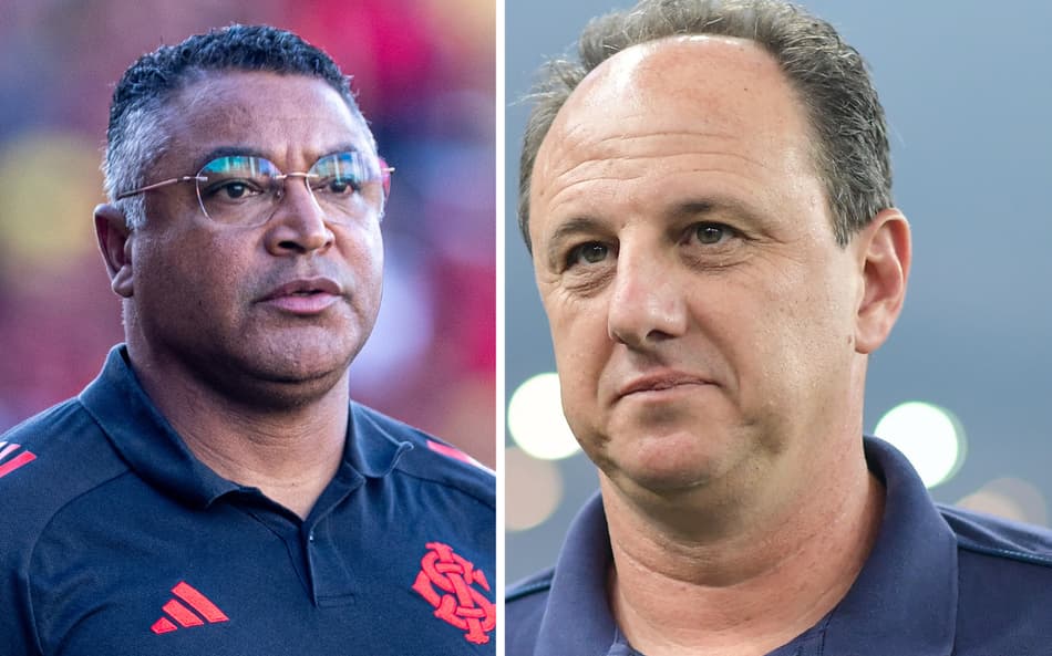 Roger Machado e Rogério Ceni brigam por vaga nas oitavas da Libertadores Fotos: Rafael Vieira e Thiago Ribeiro / AGIF