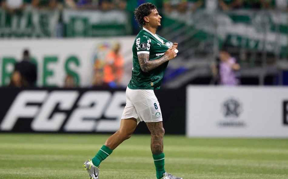 Richard Rios comemora o gol em Palmeiras x Cerro Porteno. (foto: Miguel Schincariol / AFP)